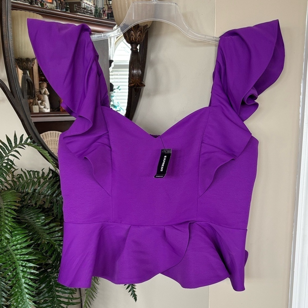 Brand New Express Purple Ruffle Crop Top Smocked Stretch Back Tailored Blouse